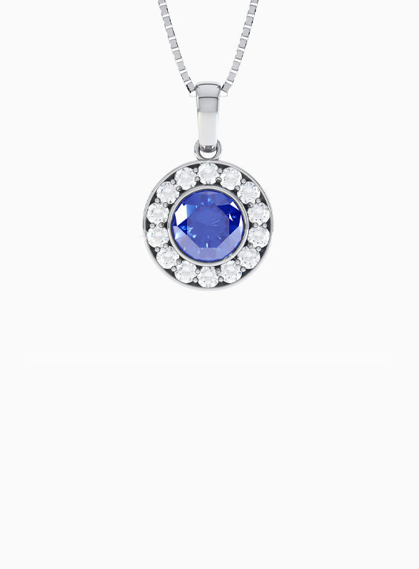 18ct White gold Brilliant Cut Sapphire with Diamond Halo Pendant
